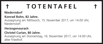 Anzeige von Totentafel vom 14.11.2017 von MGO