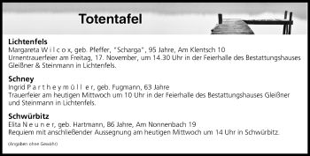 Anzeige von Totentafel vom 15.11.2017 von MGO
