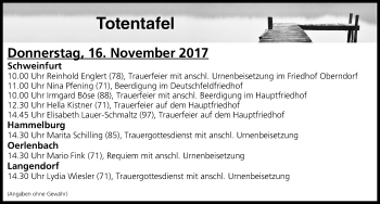Anzeige von Totentafel vom 16.11.2017 von MGO