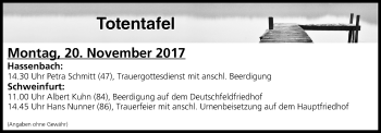 Anzeige von Totentafel vom 20.11.2017 von MGO