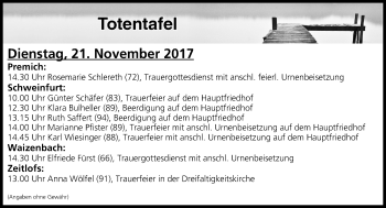 Anzeige von Totentafel vom 21.11.2017 von MGO