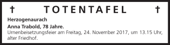 Anzeige von Totentafel vom 21.11.2017 von MGO