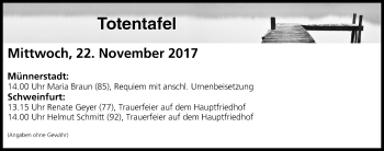 Anzeige von Totentafel vom 22.11.2017 von MGO
