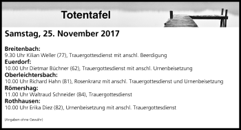 Anzeige von Totentafel vom 25.11.2017 von MGO