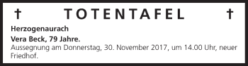 Anzeige von Totentafel vom 27.11.2017 von MGO