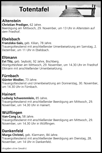 Anzeige von Totentafel vom 28.11.2017 von MGO