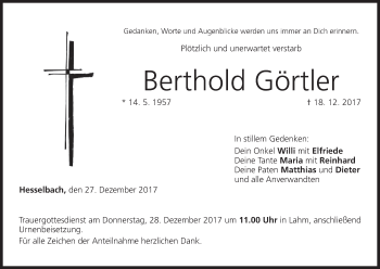 Anzeige von Berthold Görtler von MGO