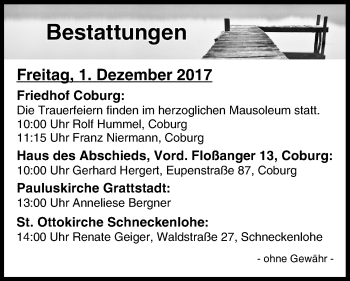 Anzeige von Bestattungen vom 01.12.2017 von MGO
