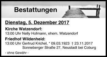 Anzeige von Bestattungen vom 05.12.2017 von MGO