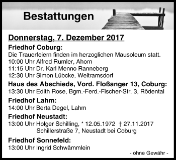 Anzeige von Bestattungen vom 07.12.2017 von MGO