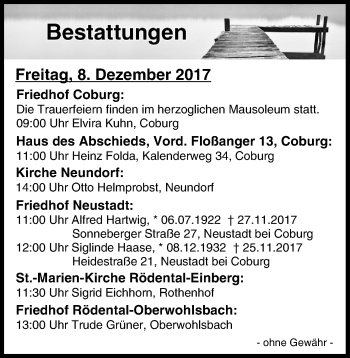 Anzeige von Bestattungen vom 08.12.2017 von MGO