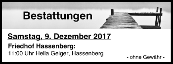 Anzeige von Bestattungen vom 09.12.2017 von MGO
