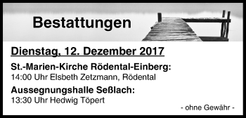 Anzeige von Bestattungen vom 12.12.2017 von MGO
