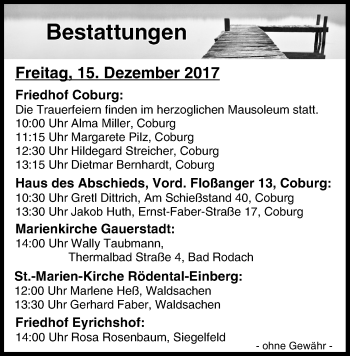 Anzeige von Bestattungen vom 15.12.2017 von MGO