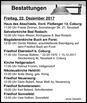 Anzeige von Bestattungen vom 21.12.2017 von MGO