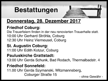 Anzeige von Bestattungen vom 28.12.2017 von MGO