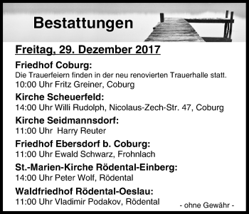 Anzeige von Bestattungen vom 29.12.2017 von MGO
