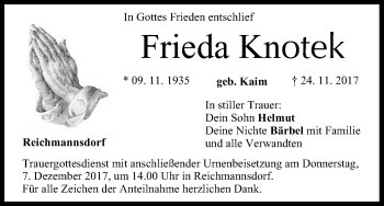 Anzeige von Frieda Knotek von MGO