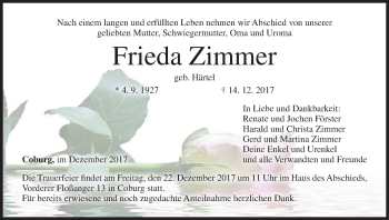 Anzeige von Frieda Zimmer von MGO
