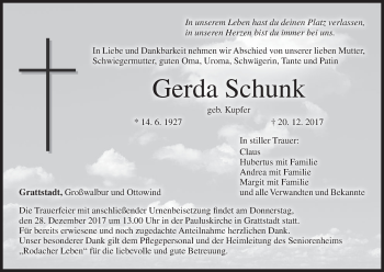 Anzeige von Gerda Schunk von MGO