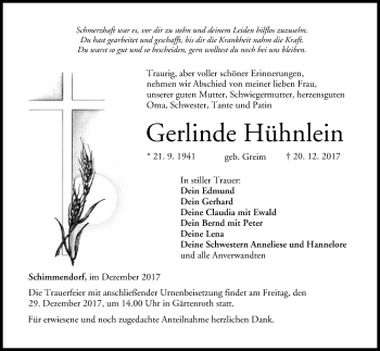 Anzeige von Gerlinde Hühnlein von MGO