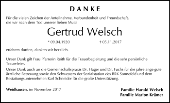 Anzeige von Gertrud Welsch von MGO