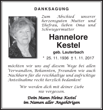 Anzeige von Hannelore Kestel von MGO