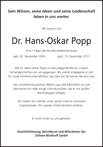 Anzeige von Hans-Oskar Popp von MGO