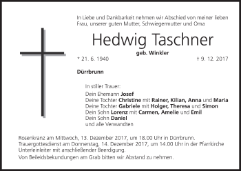 Anzeige von Hedwig Taschner von MGO