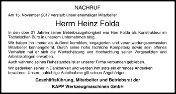 Anzeige von Heinz Folda von MGO