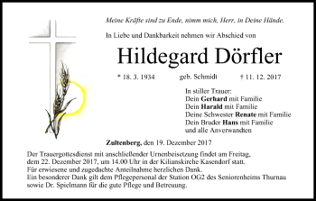 Anzeige von Hildegard Dörfler von MGO