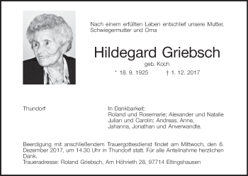 Anzeige von Hildegard Griebsch von MGO