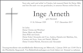 Anzeige von Inge Arneth von MGO