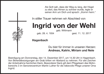 Anzeige von Ingrid von der Wehl von MGO