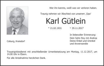 Anzeige von Karl Gütlein von MGO
