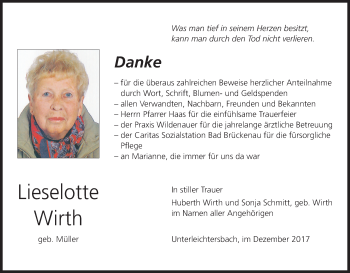 Anzeige von Lieselotte Wirth von MGO