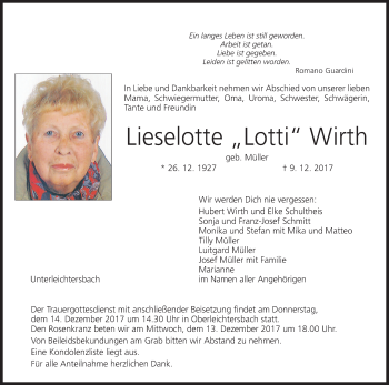 Anzeige von Lieselotte Lotti Wirth von MGO