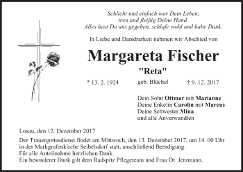 Anzeige von Margareta Fischer von MGO