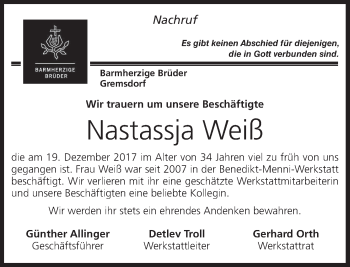 Anzeige von Nastassja Weiß von MGO