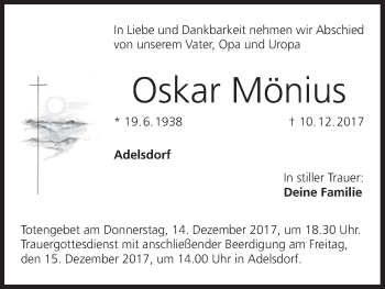 Anzeige von Oskar Mönius von MGO
