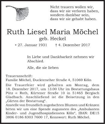 Anzeige von Ruth Liesel Maria Möchel von MGO
