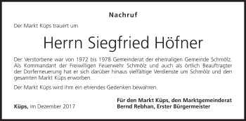 Anzeige von Siegfried Höfner von MGO