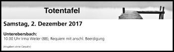 Anzeige von Totentafel vom 02.12.2017 von MGO