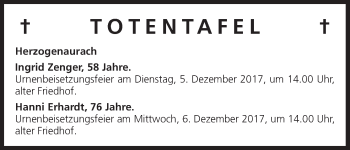 Anzeige von Totentafel vom 04.12.2017 von MGO