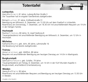 Anzeige von Totentafel vom 05.12.2017 von MGO