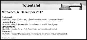 Anzeige von Totentafel vom 06.12.2017 von MGO