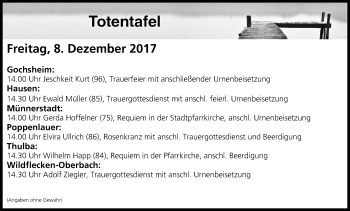 Anzeige von Totentafel vom 08.12.2017 von MGO