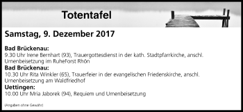 Anzeige von Totentafel vom 09.12.2017 von MGO