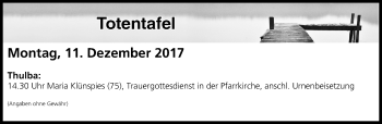 Anzeige von Totentafel vom 11.12.2017 von MGO