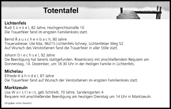 Anzeige von Totentafel vom 12.12.2017 von MGO